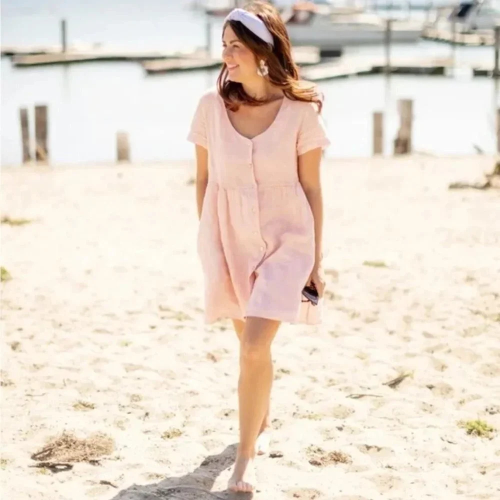Jillian Harris X Priv Linen Hamptons Jilly Baby Doll Dress Light Pink Size Small